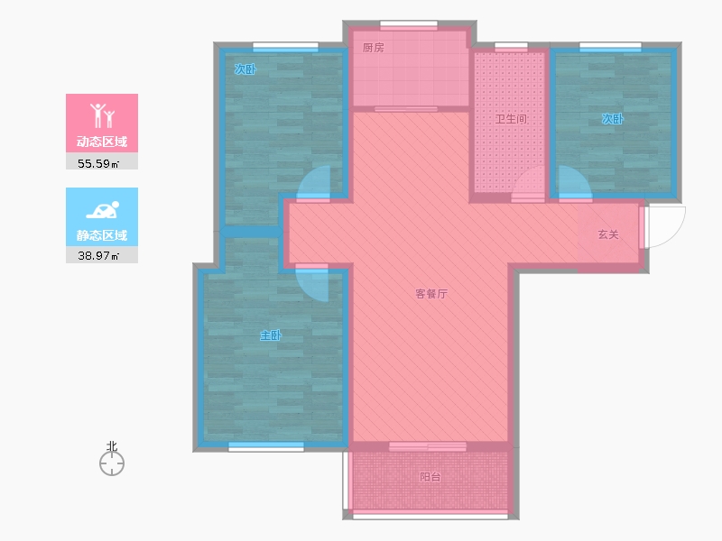 林蔭大院3室1廳1衛(wèi)1廚118.00㎡動靜分區(qū)圖