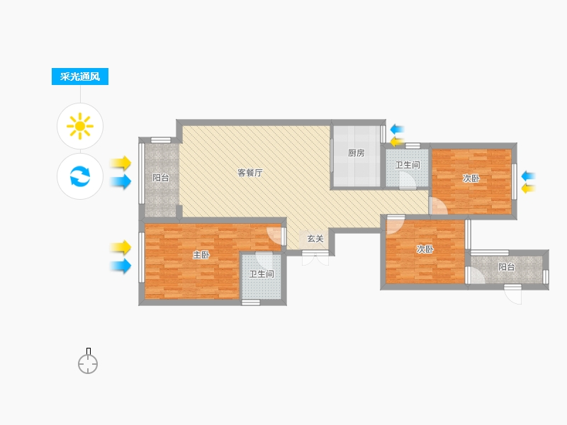 奧北公元3室2廳2衛(wèi)1廚120.00㎡采光通風(fēng)圖