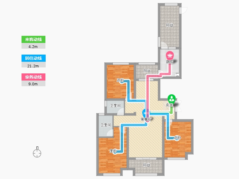 奧北公元3室2廳2衛(wèi)1廚134.00㎡動線圖