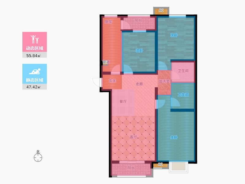 弘石灣3室2廳2衛(wèi)1廚131.00㎡動靜分區(qū)圖