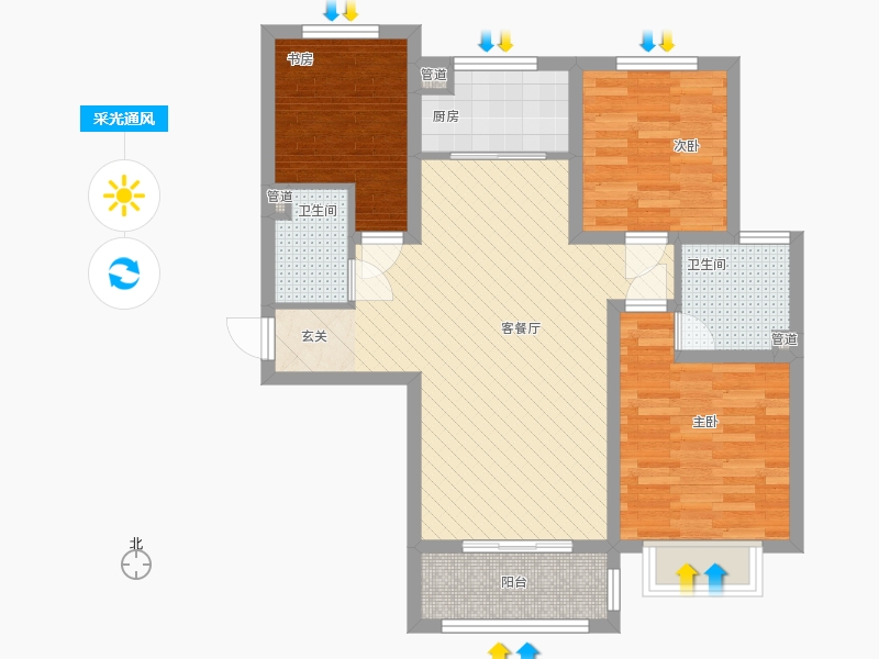 雨荷水岸3室1廳2衛(wèi)1廚76㎡采光通風(fēng)圖