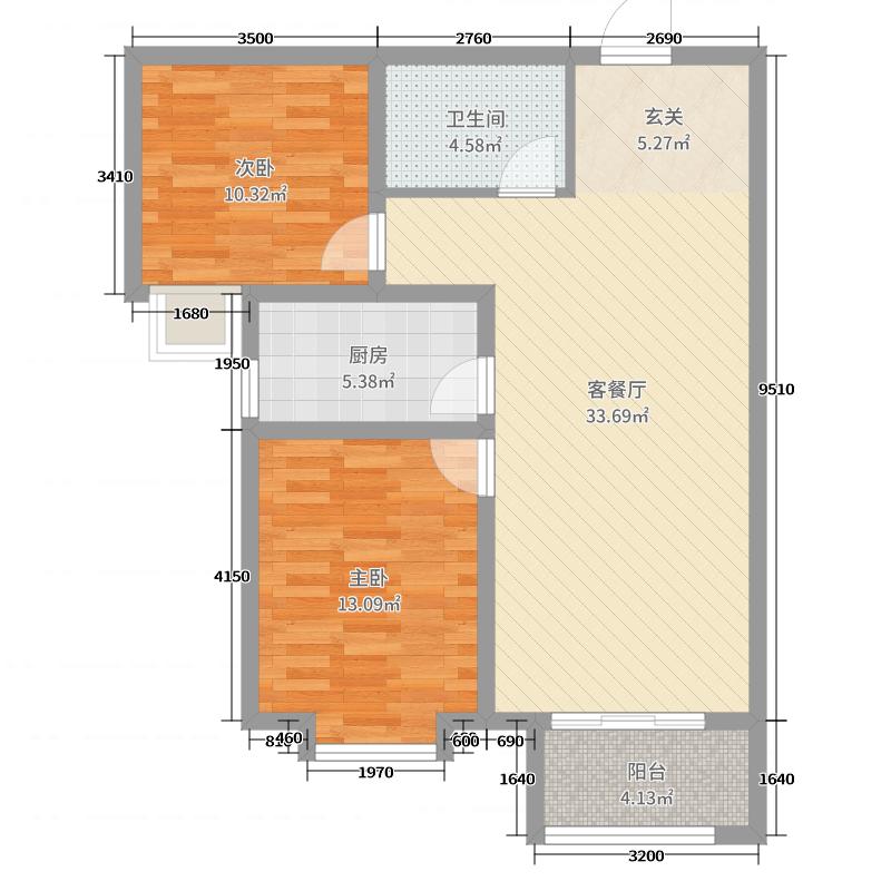 雨荷水岸2室2廳1衛(wèi)1廚88.00㎡戶型圖