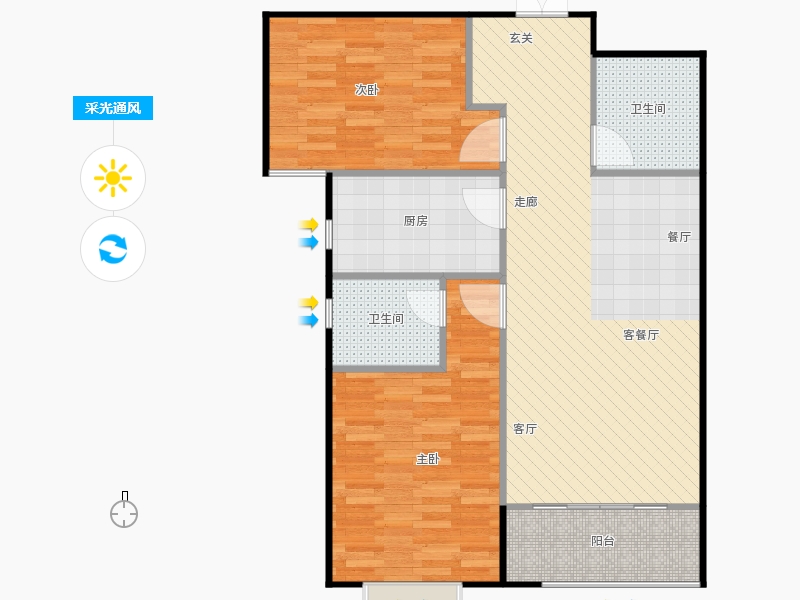 鑫界9號(hào)院2室1廳2衛(wèi)1廚100㎡采光通風(fēng)圖