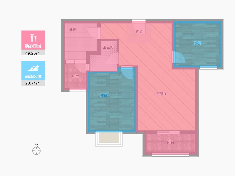 橡嶸灣2室1廳1衛(wèi)1廚72㎡動(dòng)靜分區(qū)圖