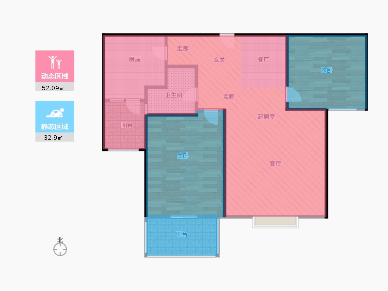 橡嶸灣2室2廳1衛(wèi)1廚86㎡動(dòng)靜分區(qū)圖