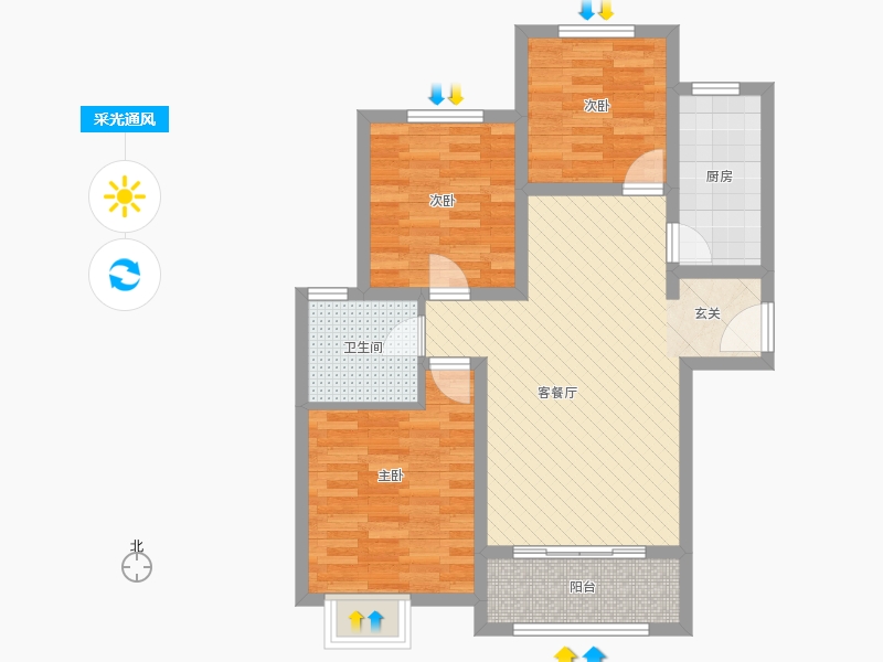 橡嶸灣3室1廳1衛(wèi)1廚96㎡采光通風(fēng)圖